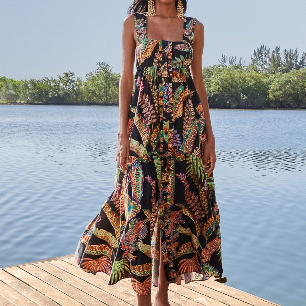 Farm Rio Cool Foliage Black Sleeveless Maxi Dress